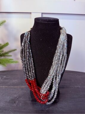 Multi-Strand Crystal Necklace Grey Red clear Crystal Bead Necklace